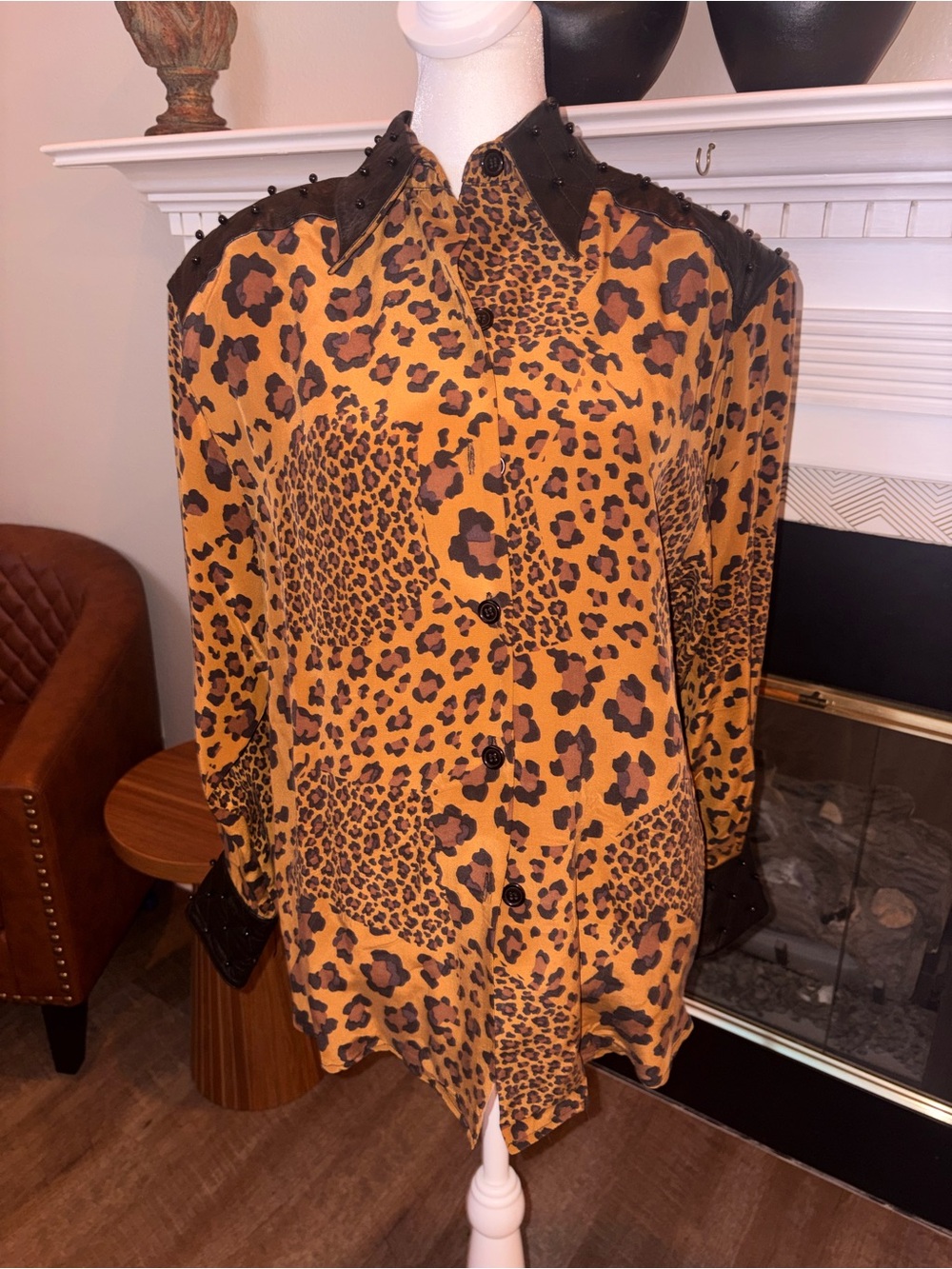Cache Leopard Print Button-Up Blouse with leather